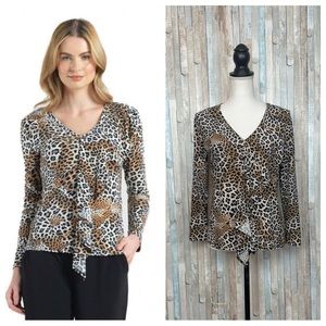 Clara Sun Woo M Leopard Cheetah Print Cascade Ruffle Drape Jersey Top Blouse